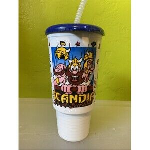 Vintage Scandia arcade Viking graphic plastic soda tumbler with lid bendy straw